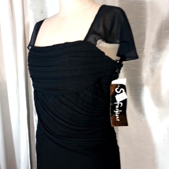 S.L Fashions Tag Maxi Dress, Black, Fohrmal Square Neck, Pleated, Sheer, 8 - Picture 8 of 15